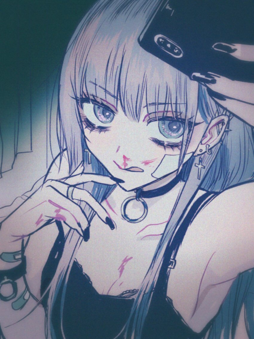 1girl, :p, absurdres, akiyama_enma, bandages, bandaid, bandaid_on_cheek, black_nails