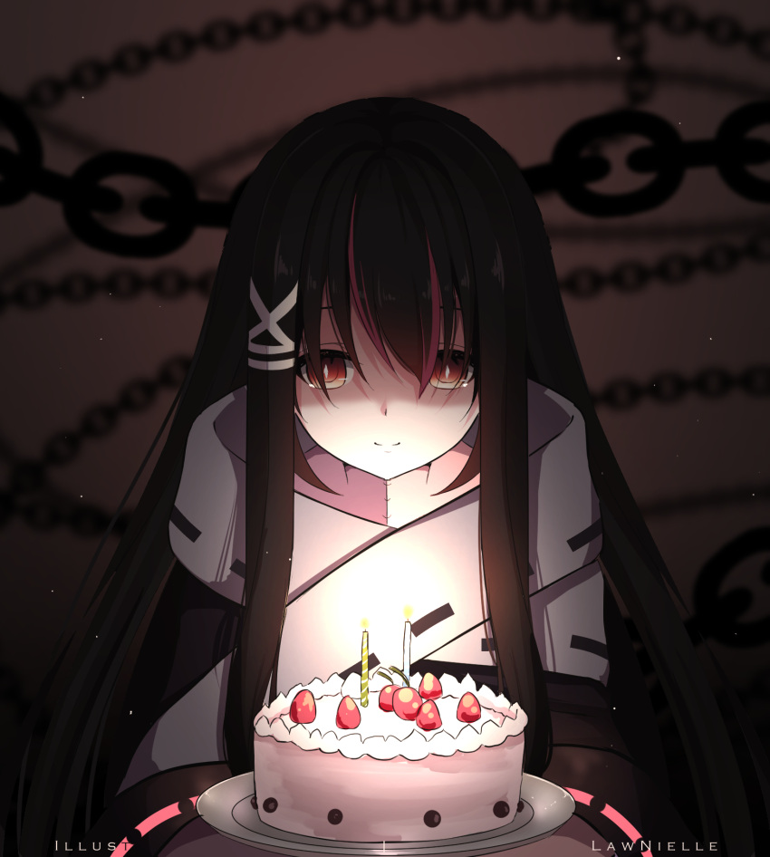 1girl, bangs, black_hair, blurry, blurry_background, brown_hair, cake, candle