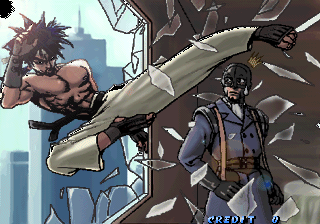 beard, cap, ending, fingerless_gloves, gloves, goketsuji_ichizoku, groove_on_fight, kicking, lowres, mask, oyama_reiji, power_instinct, rudolph_gartheimer, surprise, sweatdrop, window