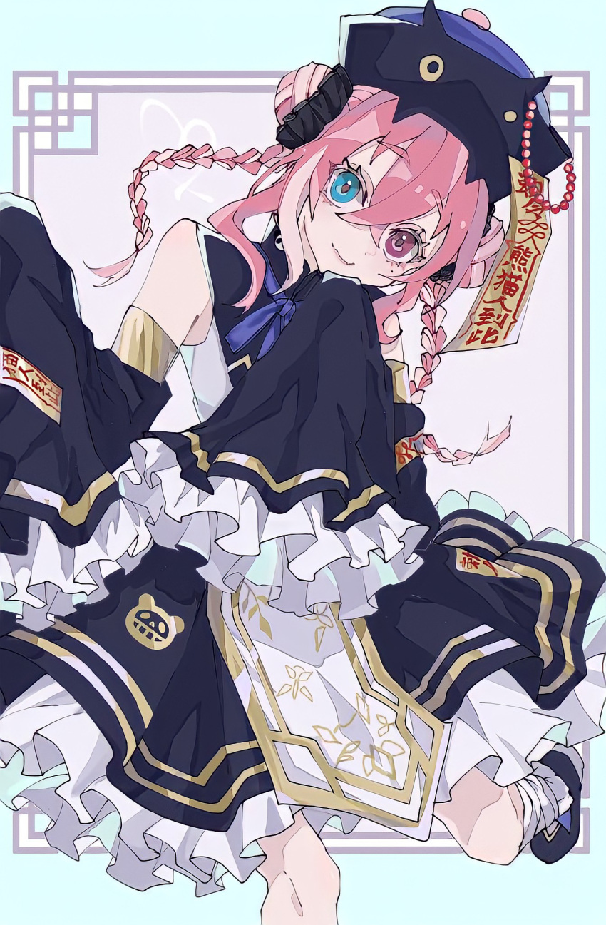 1girl, blue_eyes, braid, braided_bun, chinese_clothes, detached_sleeves, double_bun, dress, fang, hair_between_eyes, hat, hat_ornament, heterochromia, highres, jiangshi, long_sleeves, looking_at_viewer, nijisanji, ofuda, pale_skin, pink_hair, sasaki_saku, shi_na73, skin_fang, skirt, smile, solo, undead, violet_eyes, virtual_youtuber