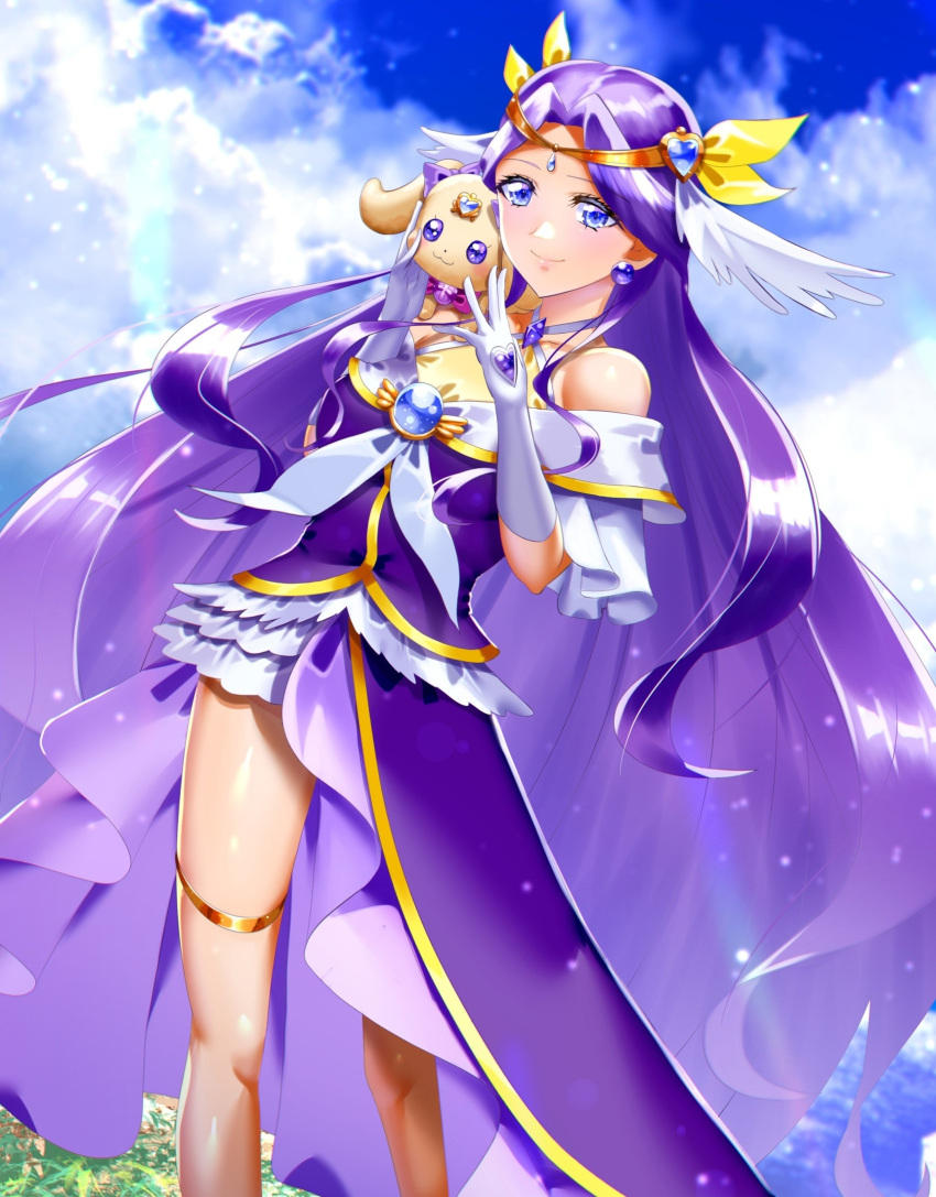 1girl, bare_shoulders, blue_sky, breasts, brooch, clouds, cloudy_sky, cure_earth