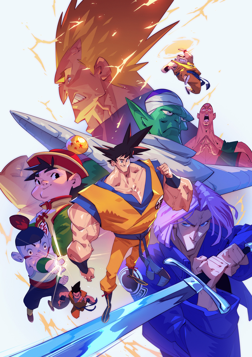 black_eyes, black_hair, blonde_hair, blue_eyes, chaozu, colored_skin, dragon_ball, dragon_ball_z