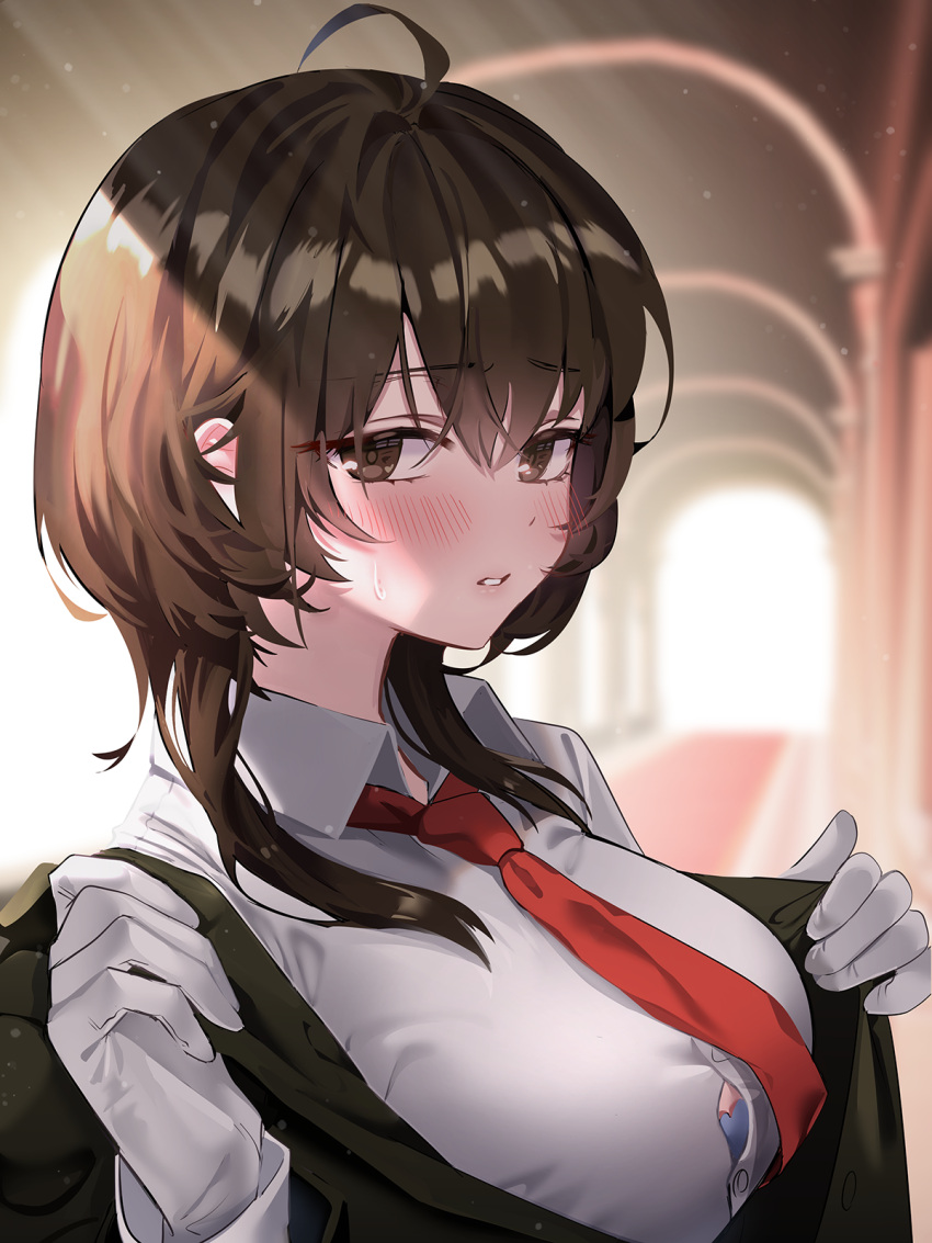 1girl, ahoge, arch, bangs, blue_bra, blurry, blurry_background, blush