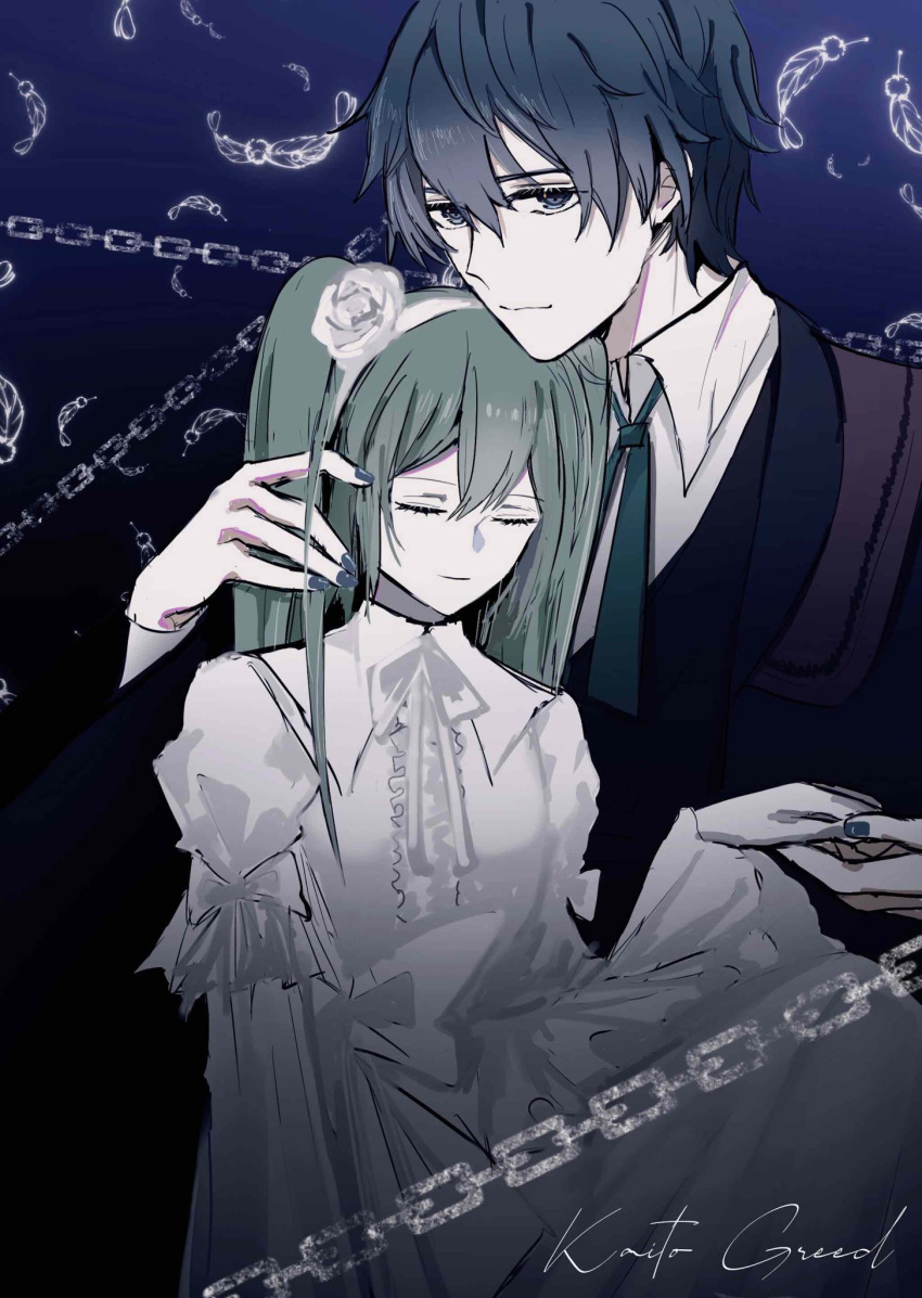 akutoku_no_judgement_(vocaloid), blue_eyes, blue_hair, chain, closed_eyes, dress, evillious_nendaiki, father_and_daughter