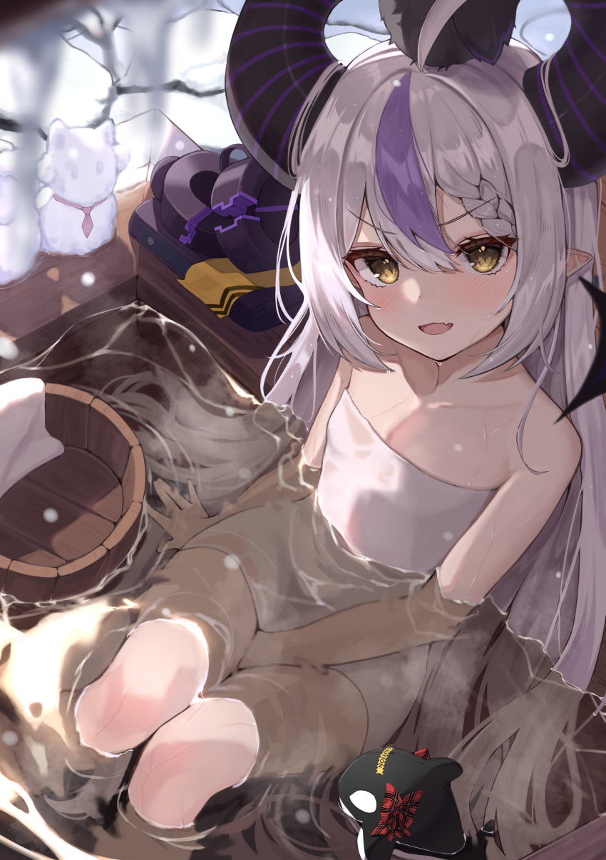 1girl, absurdres, bangs, bathing, blush, commentary, dutch_angle, fang