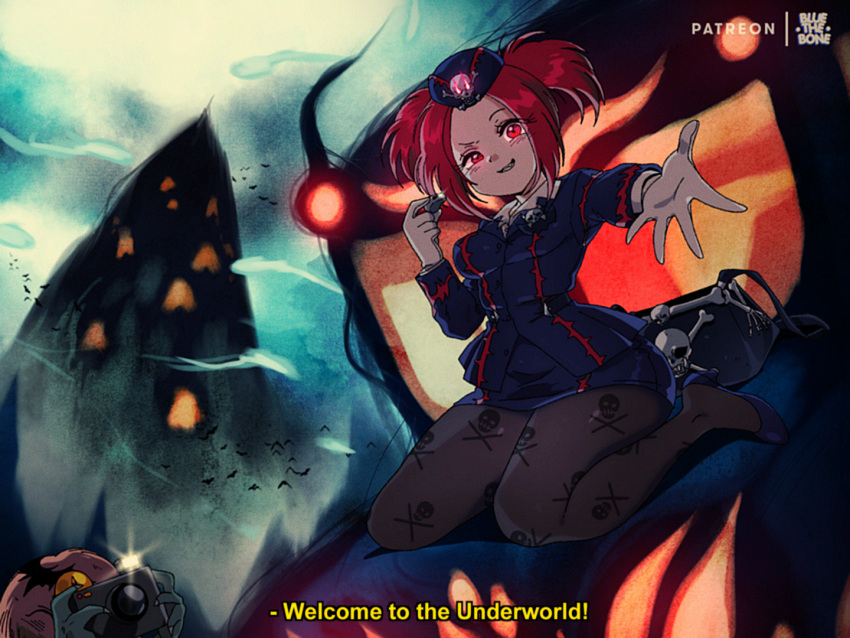 1girl, bag, bluethebone, breasts, camera, duel_monster, gloves, hat, holding, holding_whistle, medium_breasts, medium_hair, miniskirt, pantyhose, print_legwear, reaching_out, red_eyes, redhead, sangan, sitting, skirt, skull, skull_and_crossbones, skull_print, smile, solo, tour_bus_from_the_underworld, tour_guide_from_the_underworld, twintails, uniform, wariza, whistle, white_gloves, yu-gi-oh!