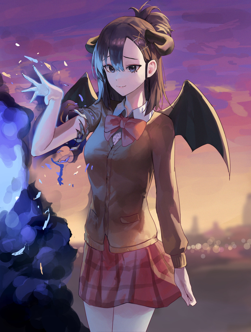 1girl, absurdres, blurry, blurry_background, bow, bowtie, brown_cardigan, cardigan
