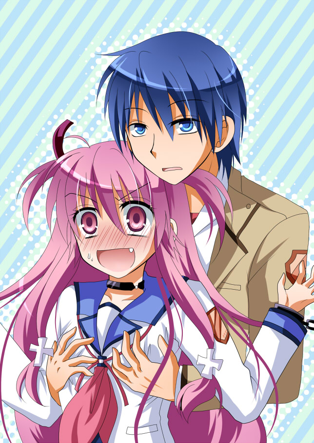 blush, breast_grab, breasts, fang, hinata_(angel_beats!), kokonogi_kisara, pink_hair, yui_(angel_beats!)