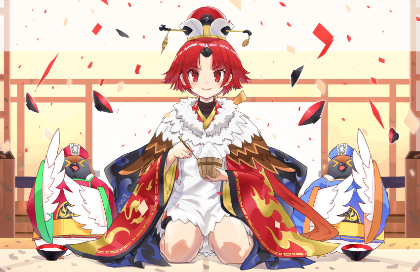 >_<, 1girl, absurdres, apron, benienma_(fate), bird, bowl, chopsticks