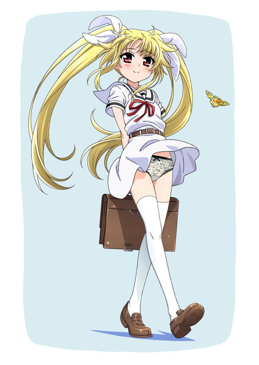 1girl, bardiche, blonde_hair, blue_background, blush, border, breasts, closed_mouth