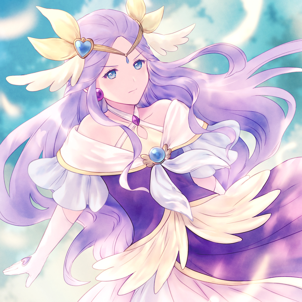 1girl, bare_shoulders, blue_sky, breasts, brooch, clouds, cloudy_sky, commentary