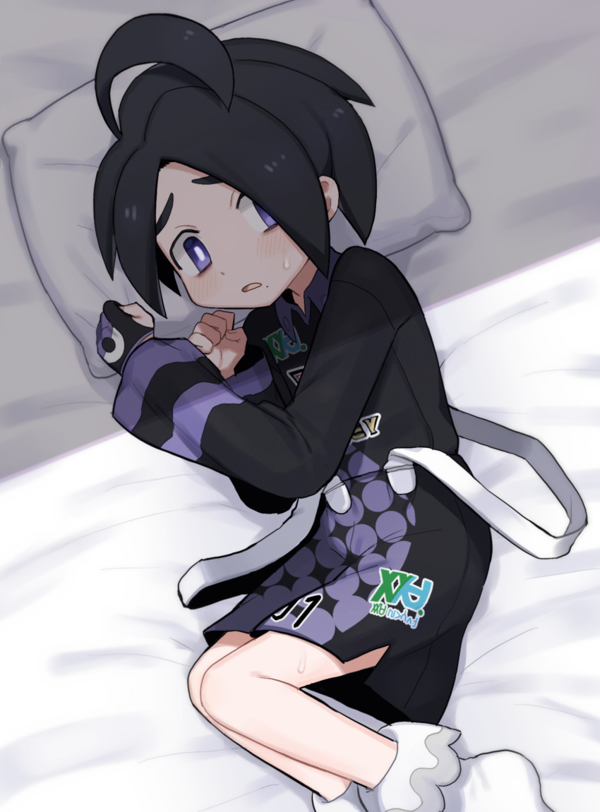 1boy, ahoge, allister_(pokemon), bed_sheet, black_hair, bright_pupils, collared_shirt, commentary_request