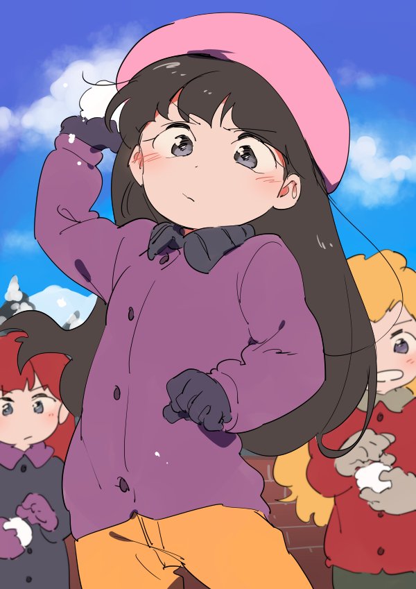 3girls, bangs, be_(ronironibebe), bebe_stevens, beret, black_hair, blonde_hair, blunt_bangs