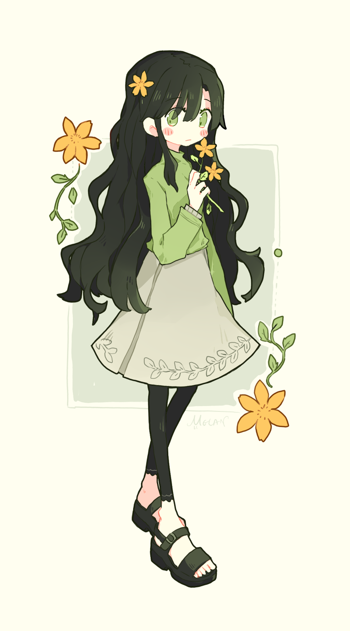 1girl, :|, arm_at_side, bangs, beige_background, beige_border, black_footwear, black_hair, black_legwear, blush, blush_stickers, border, buckle, closed_mouth, expressionless, eyebrows_visible_through_hair, eyes_visible_through_hair, flower, from_side, full_body, green_eyes, green_sweater, grey_background, grey_skirt, hair_behind_ear, hair_between_eyes, hair_flower, hair_ornament, hair_over_shoulder, hand_up, highres, holding, holding_flower, leaf, leaf_print, leggings, limited_palette, long_hair, long_sleeves, looking_at_viewer, looking_to_the_side, medium_skirt, melanbread, no_nose, original, outside_border, print_skirt, sandals, shirt_tucked_in, signature, skirt, slim_legs, solo, standing, sweater, swept_bangs, tareme, toes, turtleneck, turtleneck_sweater, two-tone_background, very_long_hair, walking, wavy_hair, yellow_flower
