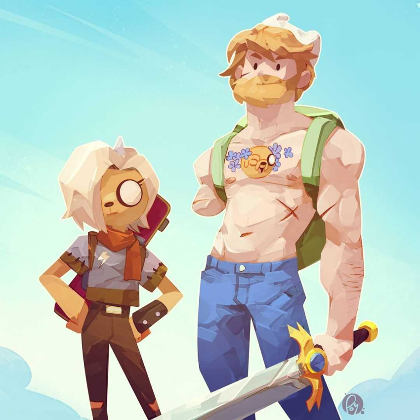 1boy, 1girl, adventure_time, backpack, bag, beard, blonde_hair, blue_pants