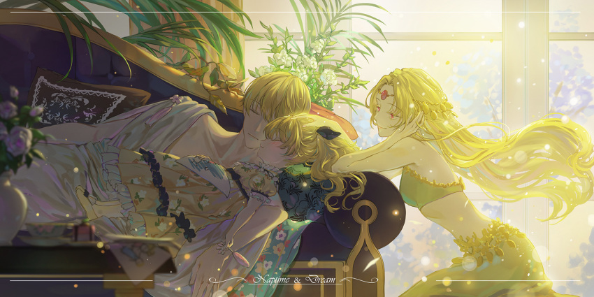 1boy, 2girls, aruhi_ohimesama_ni_natteshimatta_ken_ni_tsuite, athanasia_de_alger_obelia, bangs, bare_arms, blonde_hair, blurry