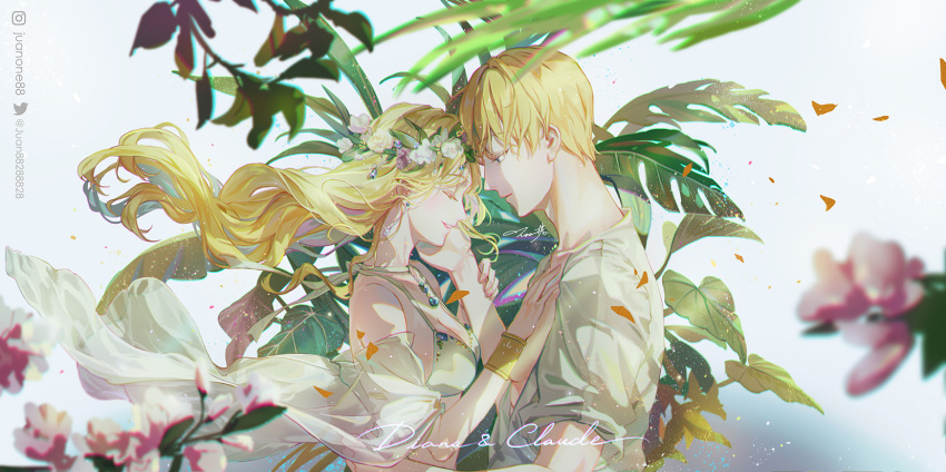 1boy, 1girl, aruhi_ohimesama_ni_natteshimatta_ken_ni_tsuite, bare_shoulders, bikini, bikini_top, blonde_hair, blurry