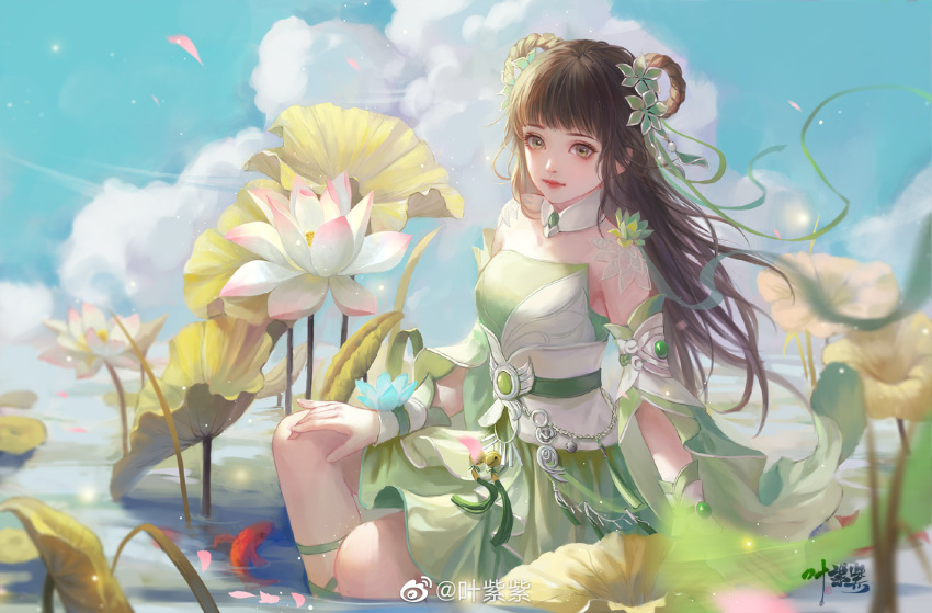 1girl, baiguio_(zhu_xian), bare_legs, blue_sky, china_dress, chinese_clothes, clouds, dress, green_dress, hair_ornament, hair_rings, highres, lily_pad, pond, sky, ye_zizi