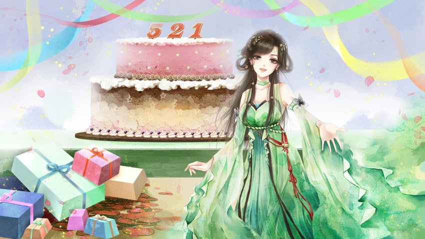 1girl, baiguio_(zhu_xian), bi_yao_zhuye, cake, china_dress, chinese_clothes, dress, food