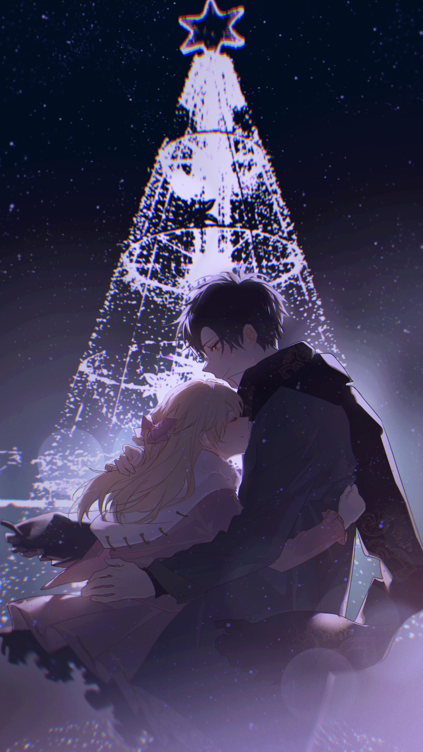 1boy, 1girl, absurdres, aruhi_ohimesama_ni_natteshimatta_ken_ni_tsuite, athanasia_de_alger_obelia, bangs, black_hair, black_scarf, blonde_hair, blurry, bokeh, bow, child, christmas, christmas_lights, christmas_tree, closed_eyes, closed_mouth, coat, commentary, couple, cowboy_shot, depth_of_field, dress, english_commentary, facing_another, from_side, gloves, hair_bow, half_updo, hand_in_hair, happy, height_difference, hetero, highres, hug, long_hair, long_sleeves, looking_at_another, lucas_(aruhi_ohimesama_ni_natteshimatta_ken_ni_tsuite), motion_blur, night, night_sky, outstretched_arm, pink_bow, pink_dress, profile, red_eyes, scarf, short_hair, sky, smile, white_gloves, xuanqing0726