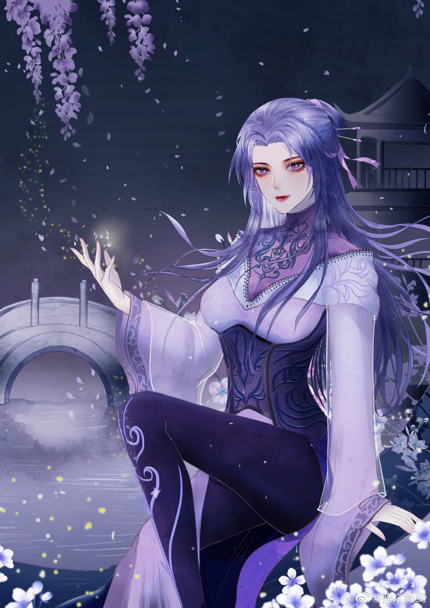 1girl, absurdres, bridge, china_dress, chinese_clothes, dress, hair_bun, highres, mature_female, needle, night, night_sky, purple_dress, purple_hair, qin_shi_ming_yue, sky, thigh-highs, violet_eyes, zi_nu, zi_nu_(qin_shi_ming_yue)