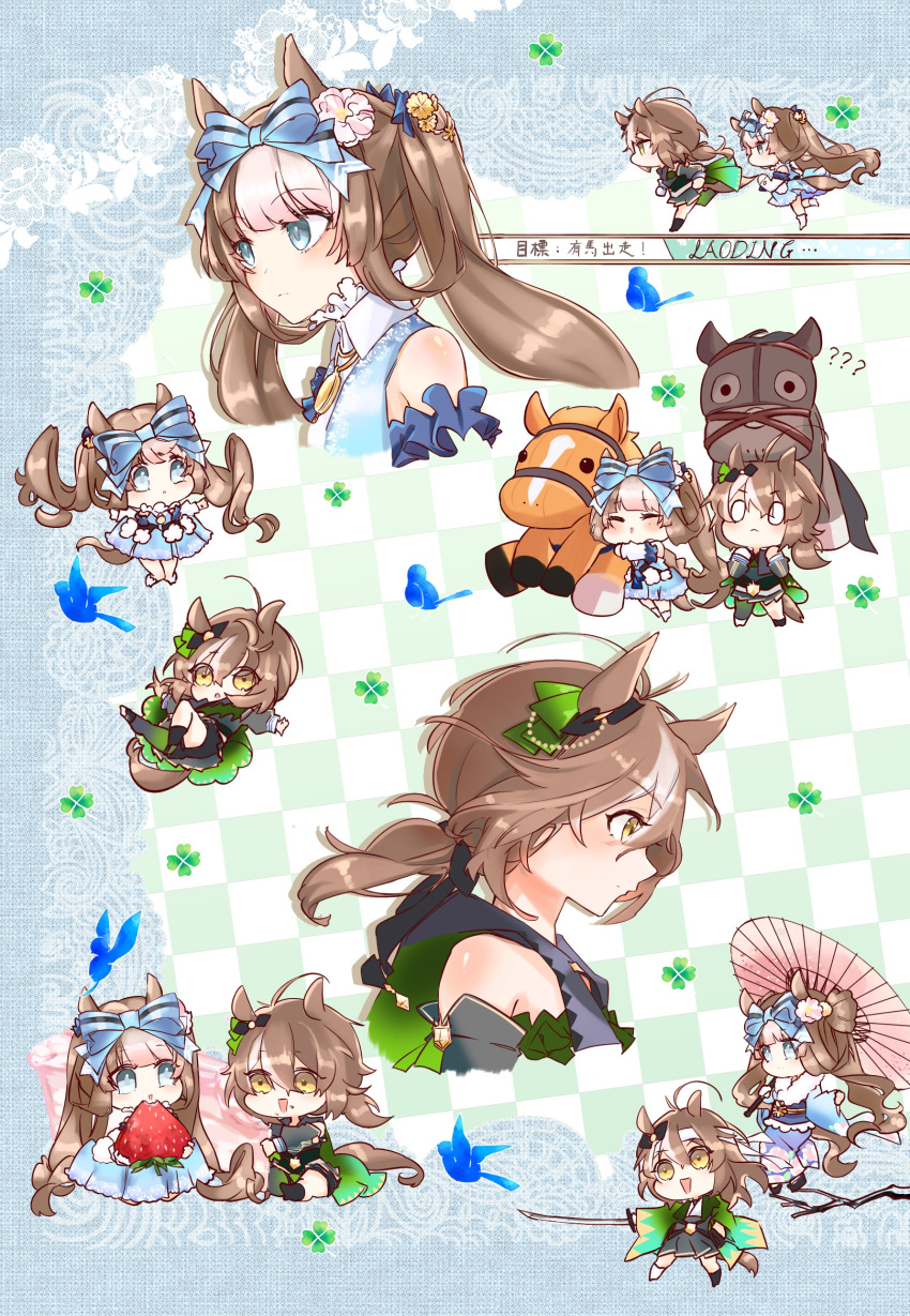 0_0, 2girls, ahoge, animal_ears, blue_bow, bow, chibi, commentary