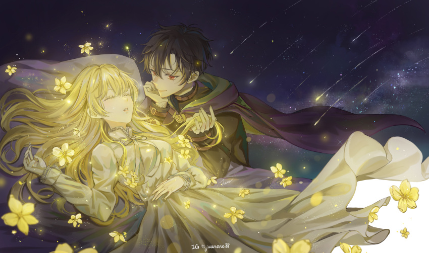 1boy, 1girl, absurdres, artist_name, aruhi_ohimesama_ni_natteshimatta_ken_ni_tsuite, athanasia_de_alger_obelia, bangs, bed_sheet