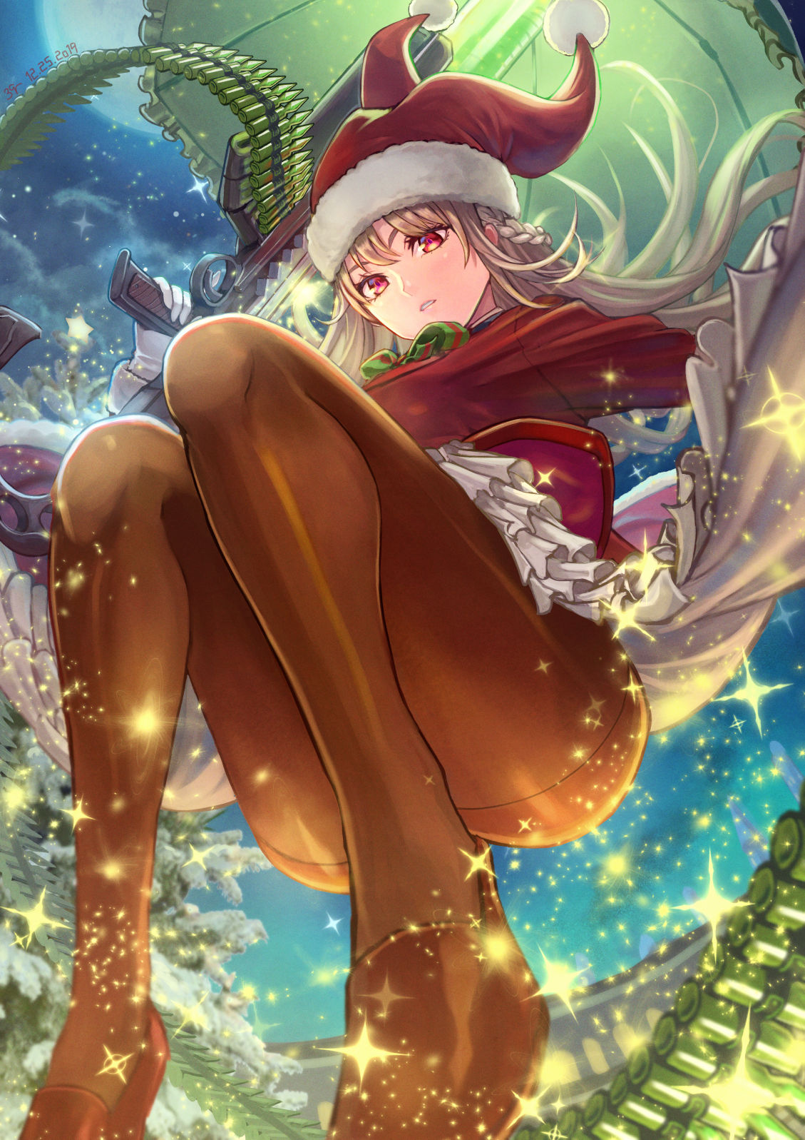 1girl, ammunition_belt, bangs, braid, brown_footwear, brown_legwear, christmas, christmas_tree