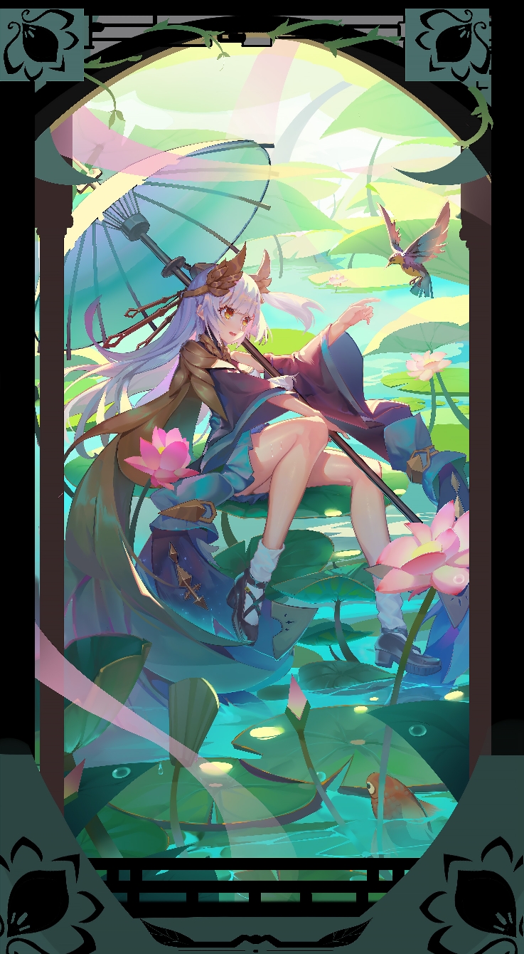 1girl, bangs, bird, black_footwear, blue_dress, blue_sleeves, breasts, commentary