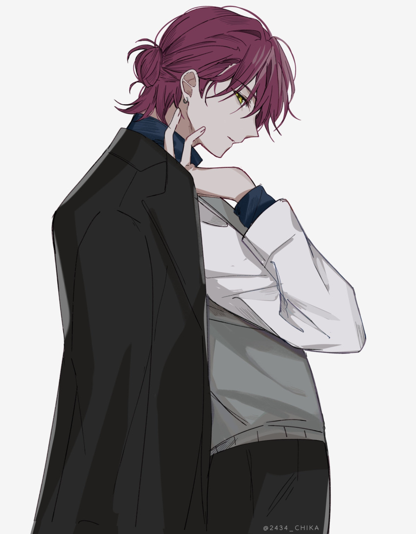 1boy, absurdres, alternate_costume, black_jacket, black_pants, chika_(2343_chika), from_side, grey_background