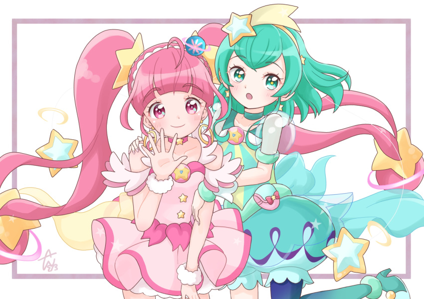 2girls, :o, ahoge, anko_maccha, aqua_eyes, aqua_hair, back_bow, blue_bow