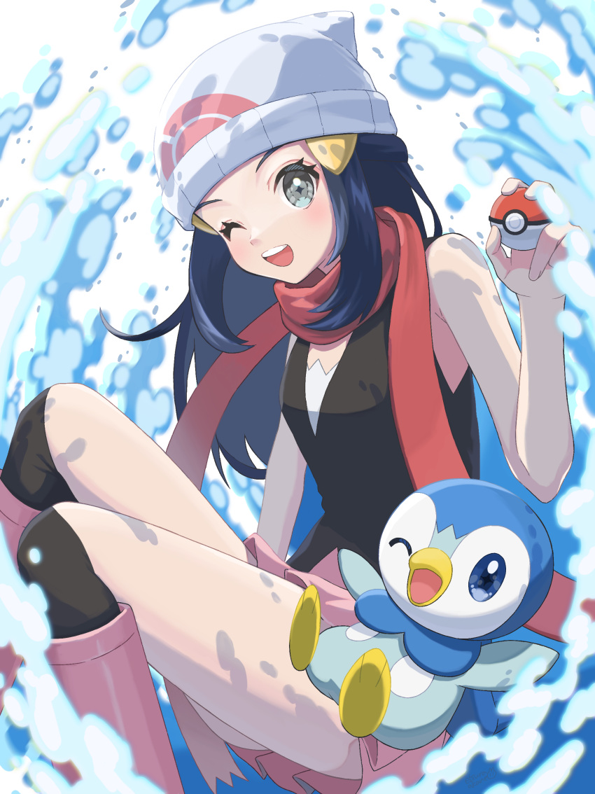 1girl, ;d, absurdres, bare_arms, beanie, black_hair, blush, boots