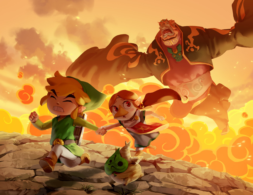 1girl, 1other, 2boys, brown_hair, ganondorf, highres, link, makar