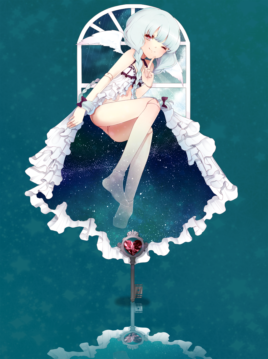 blue_hair, braid, doll_joints, dress, finger_to_face, frills, gathers, gem