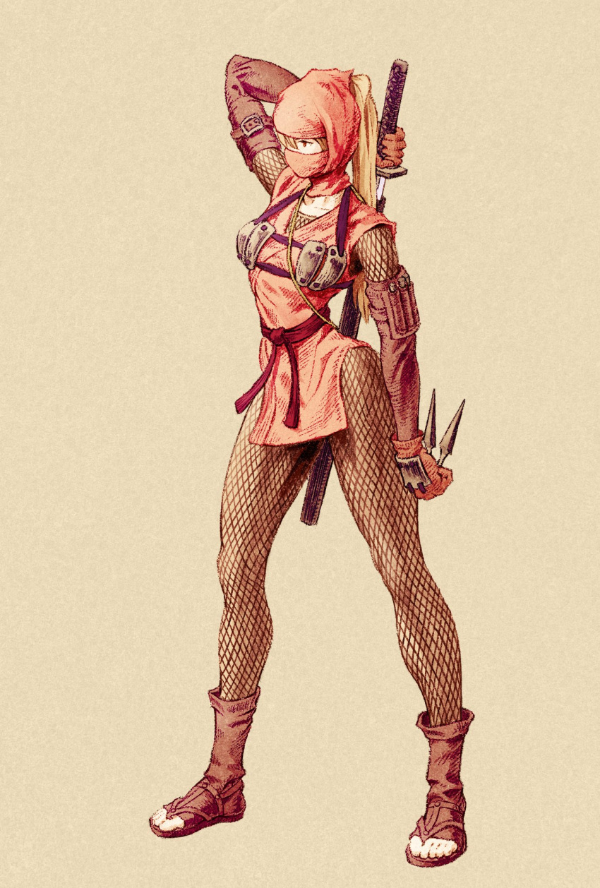 1girl, blonde_hair, breasts, brown_eyes, final_fantasy, final_fantasy_tactics, fishnet_armwear, fishnet_legwear, fishnets, full_body, gloves, highres, holding, katana, kunai, long_hair, mask, ninja, ninja_(final_fantasy), parody, ponytail, shinichi_kobe, simple_background, solo, style_parody, sword, toeless_footwear, weapon