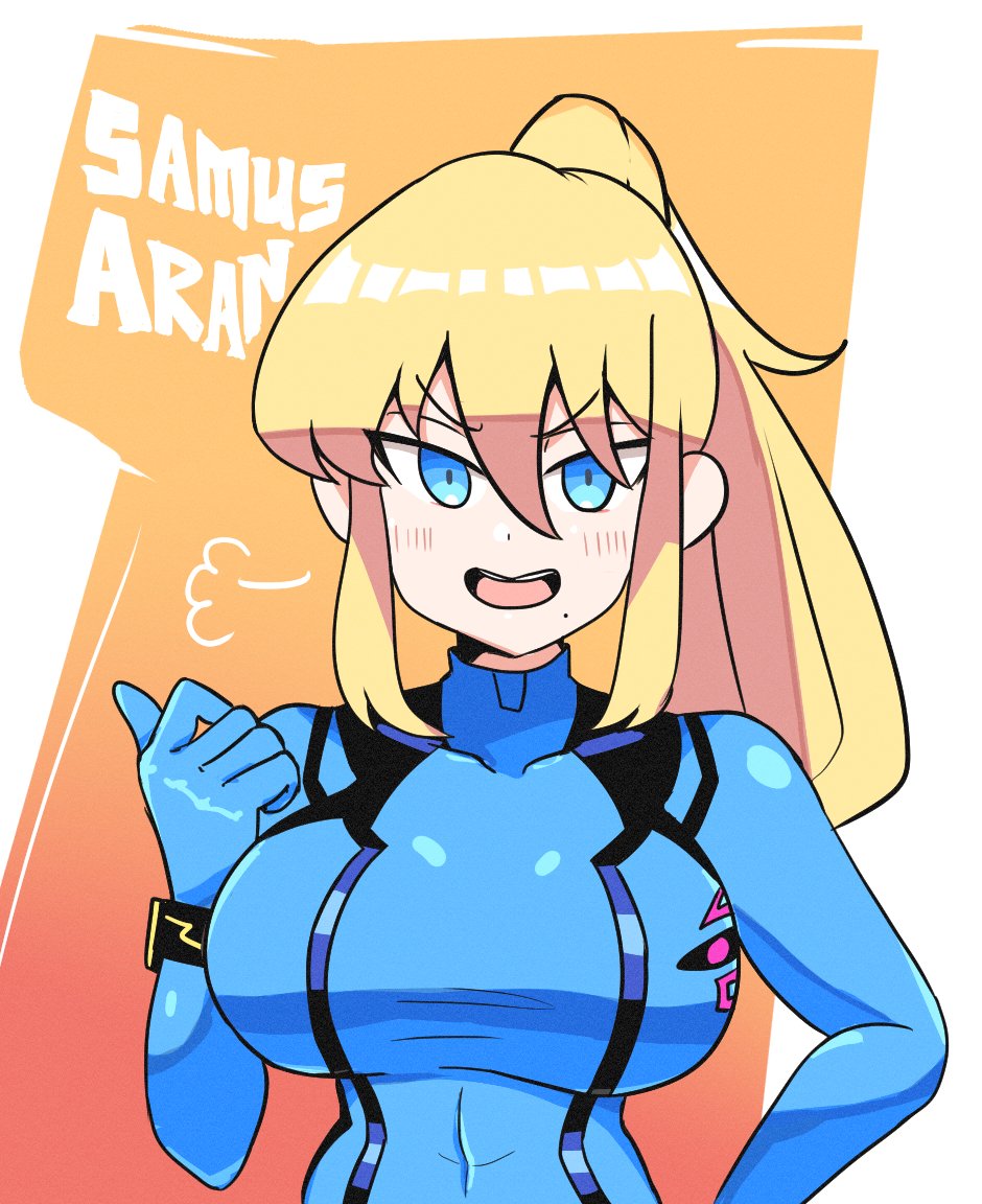 1girl, blonde_hair, blue_bodysuit, blue_eyes, blush, bodysuit, breasts, character_name