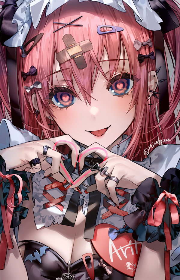 1girl, bandaid, black_neckwear, blue_bow, blush, bow, bow_hair_ornament, cleaver, cross, cross_earrings, ear_piercing, earrings, eyebrows_visible_through_hair, eyelashes, eyes_visible_through_hair, fingernails, grey_bow, hair_ornament, hairclip, heart, heart-shaped_pupils, heart_hands, jewelry, long_fingernails, long_hair, maid_headdress, mimoza_(96mimo414), o-ring, open_mouth, original, piercing, pink_eyes, pink_hair, pink_ribbon, purple_bow, red_nails, ribbon, ring, solo, symbol-shaped_pupils, tongue, tongue_out, twitter_username, upper_body, white_bow