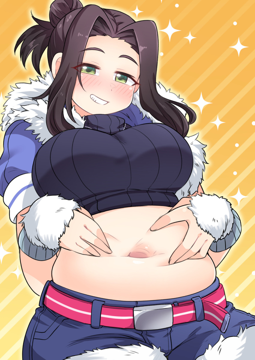 1girl, amagaeru_(hylathewet), belly, belly_grab, belt, black_hair, blush, breasts