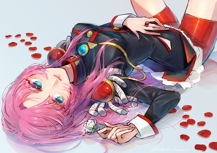 1girl, aqua_eyes, arched_back, bangs, bike_shorts, black_jacket, flower, holding, holding_flower, jacket, kinako_(karasu_nomaru), long_hair, looking_to_the_side, lying, on_back, parted_bangs, petals, pink_hair, red_shorts, shorts, shoujo_kakumei_utena, smile, solo, tenjou_utena, white_flower