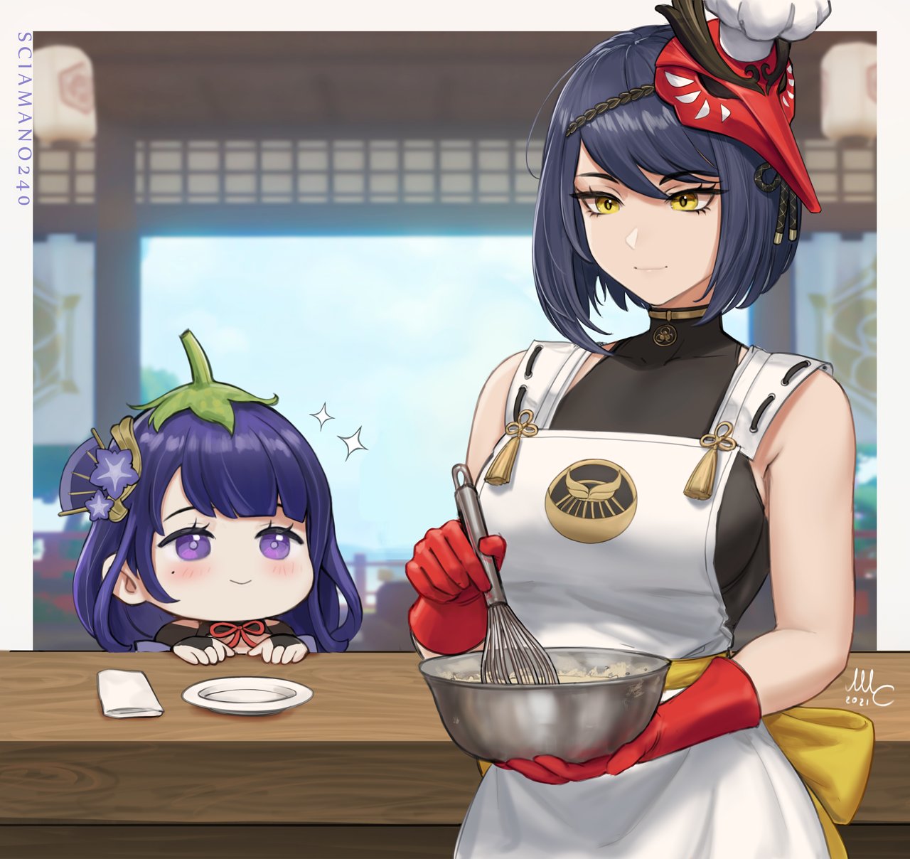 2girls, apron, bare_shoulders, blue_hair, blush, chibi, cooking, counter