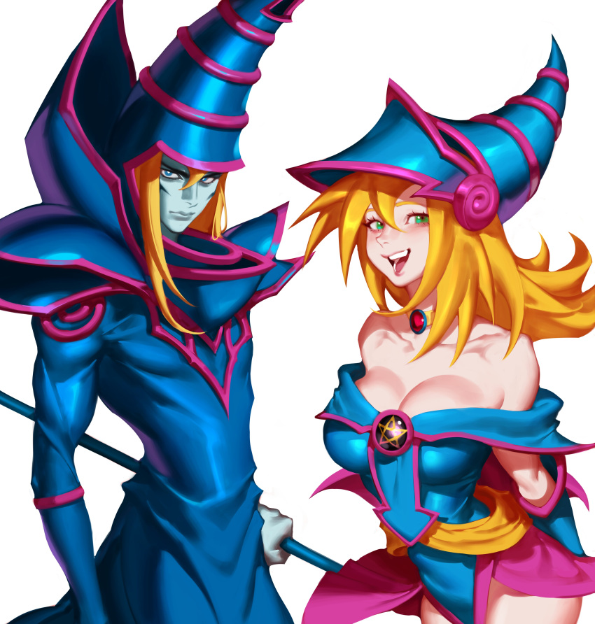 1boy, 1girl, absurdres, arms_behind_back, bare_shoulders, blonde_hair, blue_eyes, blue_headwear