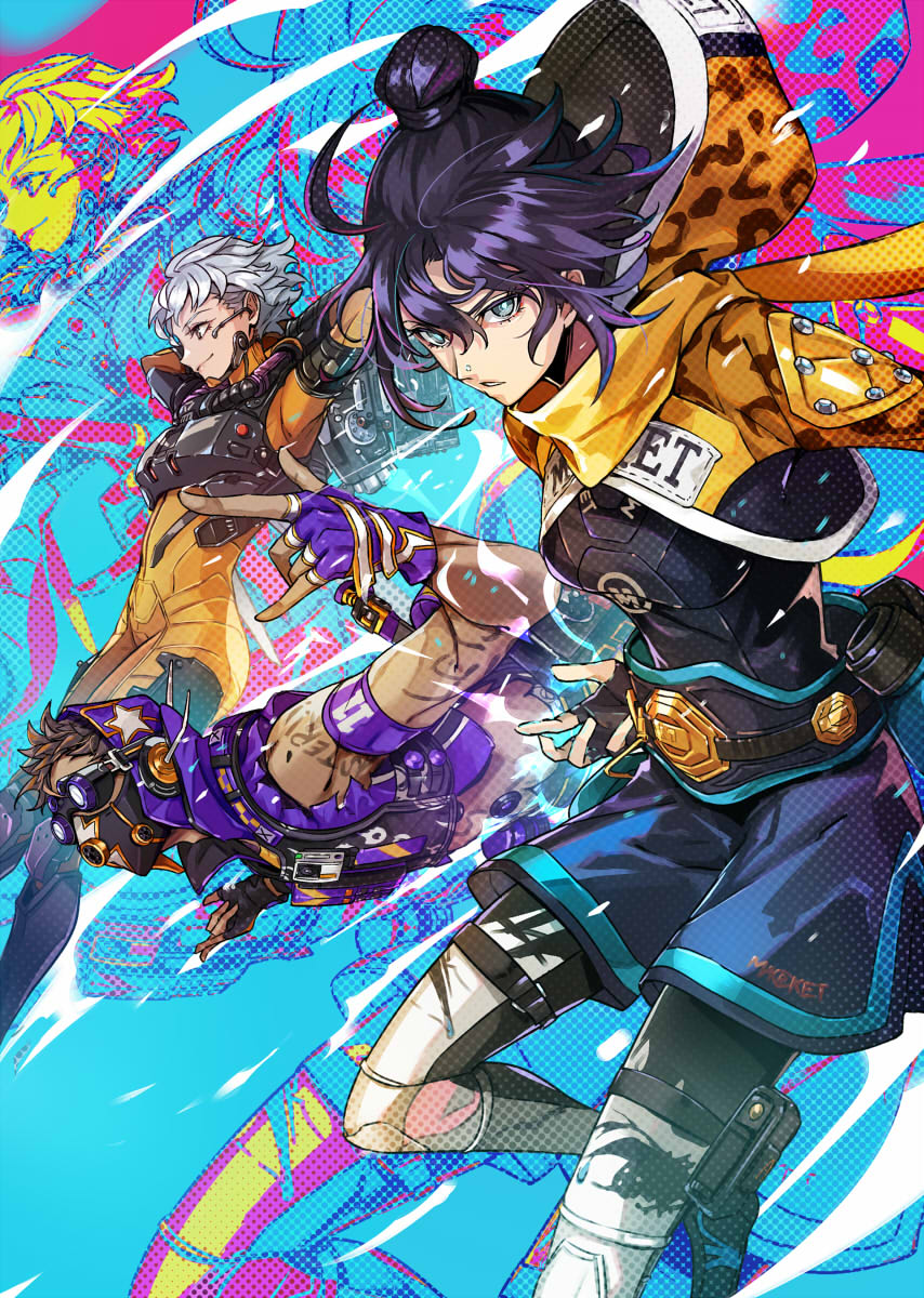 1boy, 2girls, apex_legends, bangs, belt, black_bodysuit, blue_shorts, bodysuit, cropped_vest, falling, floating_hair, goggles, hair_bun, headset, highres, looking_at_viewer, mask, mouth_mask, multiple_girls, octane_(apex_legends), orange_bodysuit, parted_lips, pokimari, purple_hair, purple_headwear, purple_vest, ringside_wraith, short_hair, shorts, shrug_(clothing), silver_hair, smile, valkyrie_(apex_legends), vest, wraith_(apex_legends)