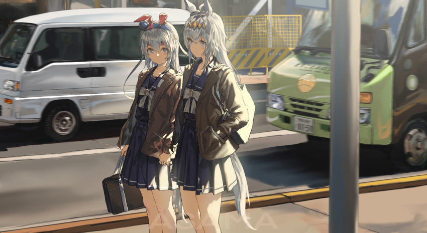 2girls, absurdres, animal_ears, artist_name, asama_(drift_in), bag, bangs, blue_eyes