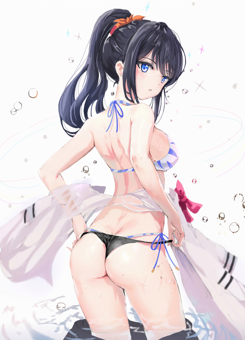 1girl, absurdres, age_fx, ass, azur_lane, back, bangs, bikini, black_hair, blue_eyes, dimples_of_venus, from_behind, gridman_universe, highres, long_hair, looking_at_viewer, looking_back, ponytail, simple_background, solo, ssss.gridman, swimsuit, takarada_rikka, tied_hair