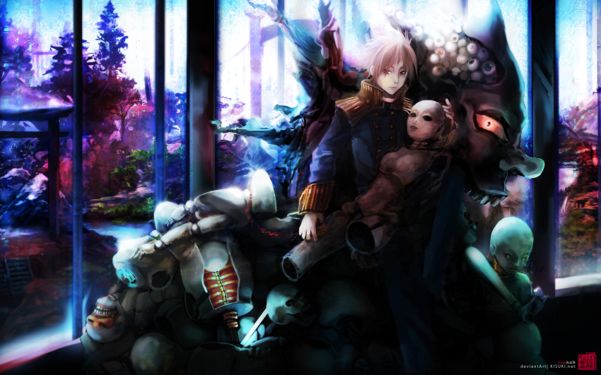 1boy, android, artist_name, bangs, blue_coat, brown_eyes, buttons, closed_mouth, coat, commentary, demon, double-breasted, english_commentary, extra_eyes, feet_out_of_frame, highres, kiel-d-01, long_sleeves, looking_at_viewer, male_focus, mask, monster, no_eyewear, pile_of_corpses, ragnarok_online, robot, rock, seal_impression, short_hair, solo, stairs, torii, tree, tsunoh, web_address, white_hair