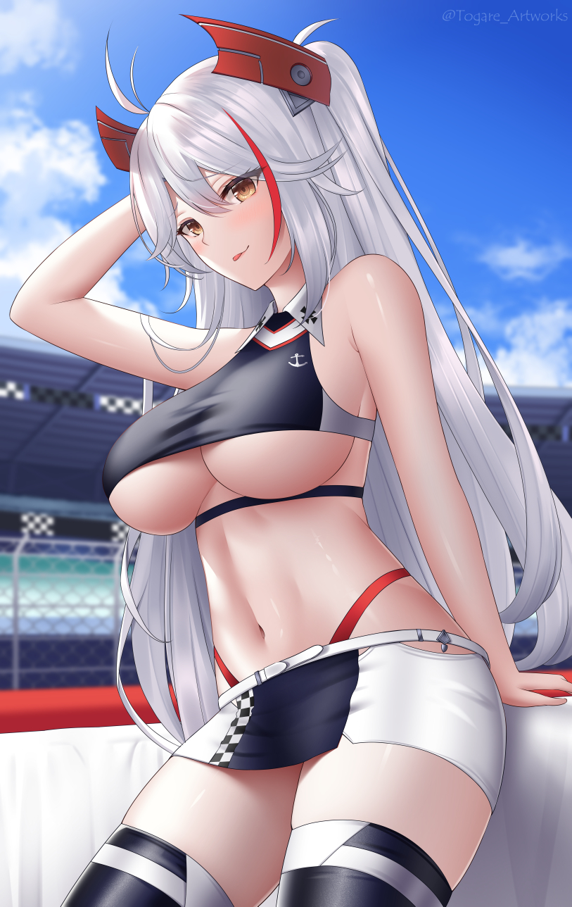 1girl, ahoge, arm_up, azur_lane, bangs, blue_sky, breasts, closed_mouth