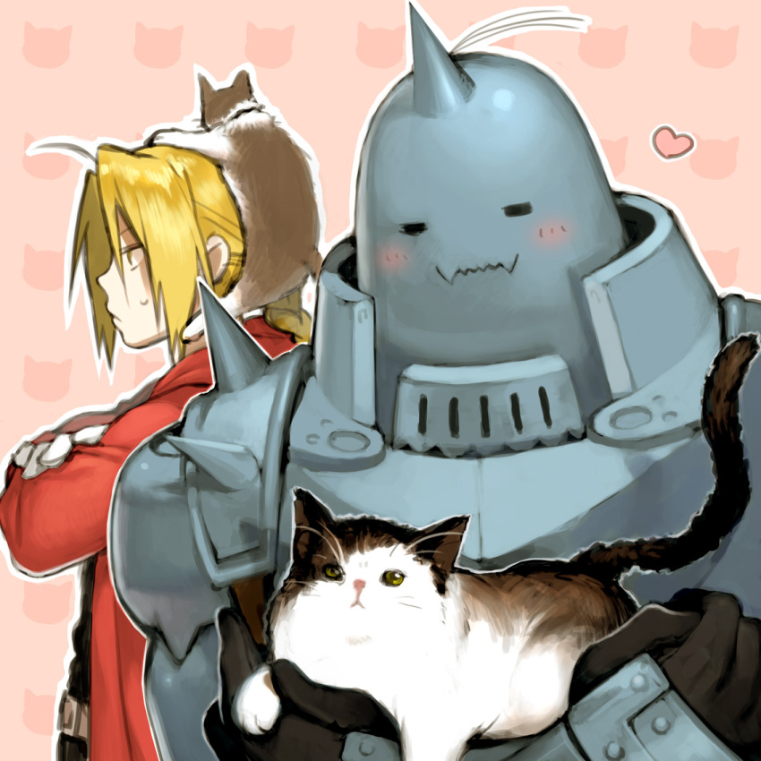 alphonse_elric, armor, blonde_hair, blush, cat, crossed_arms, edward_elric, fullmetal_alchemist