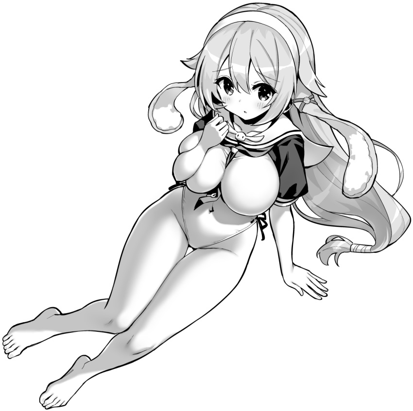 1girl, animal_ears, arm_support, azur_lane, azur_lane:_slow_ahead, bare_arms, bare_legs, barefoot
