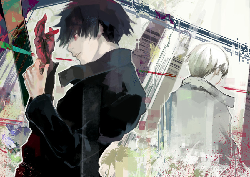 2boys, absurdres, arima_kishou, bangs, black_hair, black_jacket, black_reaper, brown_background