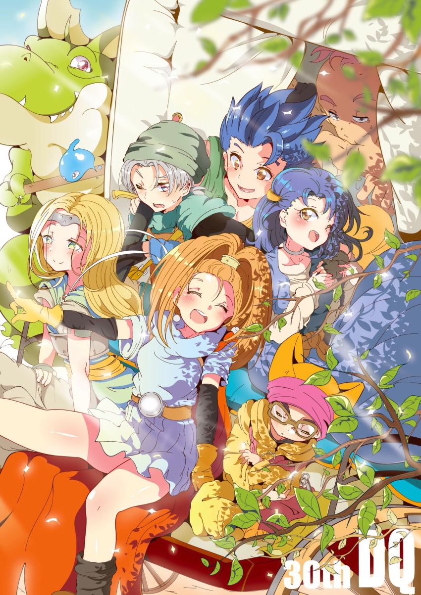 aloe_(kenkou3733), barbara_(dq6), blue_hair, blush, chamoro, closed_mouth, dragon_quest, dragon_quest_vi, dress, hassan_(dq6), hero_(dq6), highres, jewelry, long_hair, mireyu, multiple_boys, multiple_girls, open_mouth, slime_(dragon_quest), smile, sword, tania_(dq6), terry_(dq6), weapon